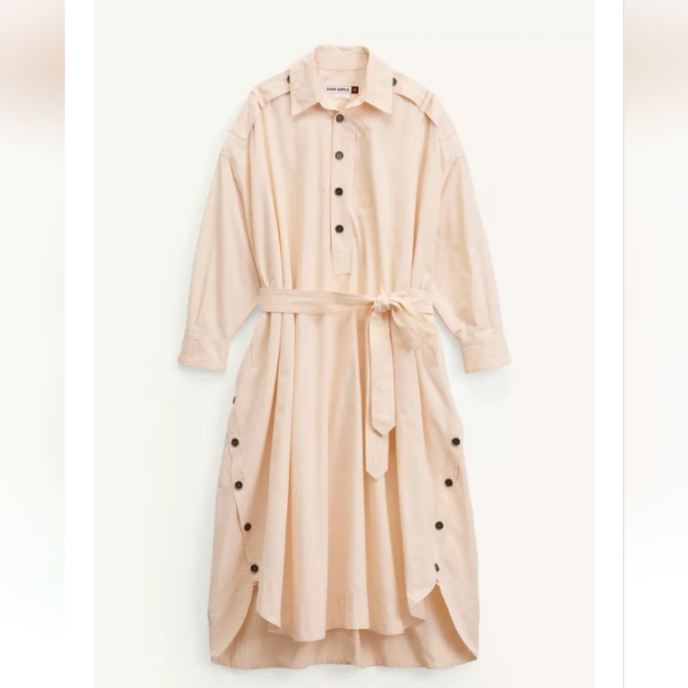 Zara TNQ Cream Long Sleeve Oversized Lagenlook  Shirt Dress with Button Accents